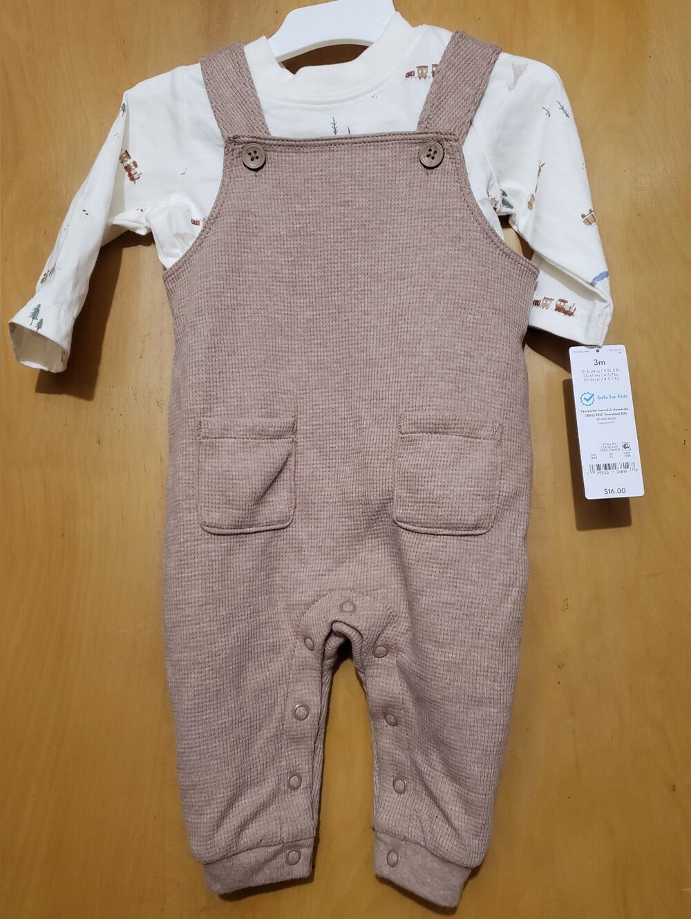 Carter's Brown Waffle Knit Overalls Set with Cream Printed Top